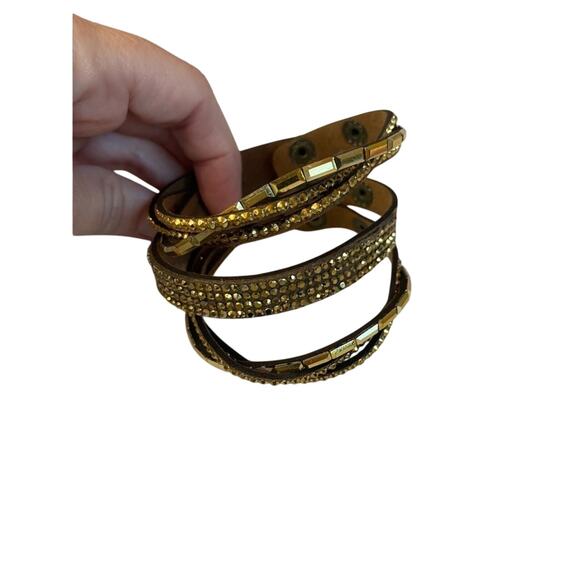 Women's Layered Leather Bracelet with Gold Rhinestones Y2K BOHO Glam Retro - Picture 2 of 9